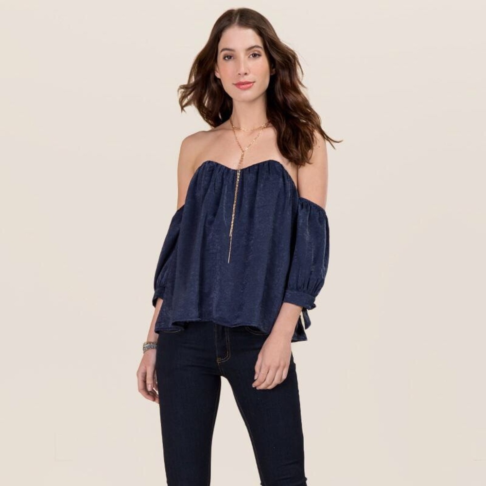 Navy satin off shoulder bustier from Francesca’s